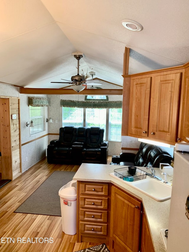 kitchen with ceiling fan, light hardwood / wood-style floors, lofted ceiling, and sink