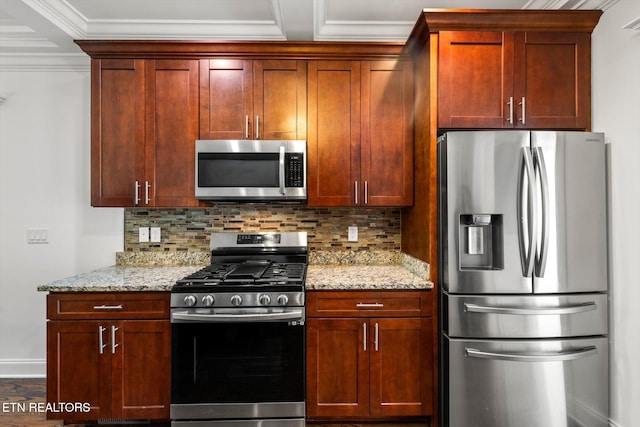 kitchen featuring stainless steel appliances, light stone counters, tasteful backsplash, and crown molding