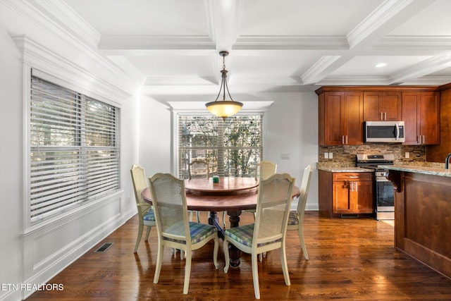 dining area with dark hardwood / wood-style floors, beam ceiling, crown molding, and coffered ceiling