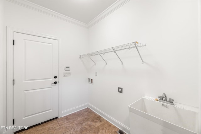 laundry room featuring washer hookup, hookup for an electric dryer, sink, and crown molding