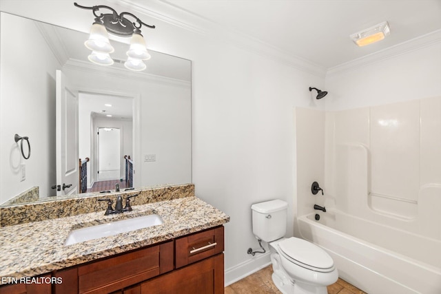 full bathroom featuring vanity, bathing tub / shower combination, tile patterned flooring, toilet, and ornamental molding