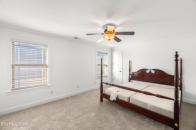 carpeted bedroom with multiple windows, crown molding, and ceiling fan