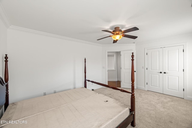 unfurnished bedroom featuring a closet, ceiling fan, crown molding, and carpet floors