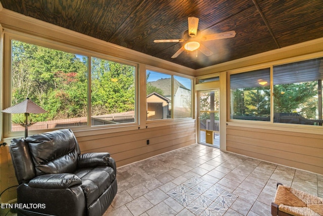 sunroom / solarium featuring ceiling fan, a healthy amount of sunlight, and wooden ceiling