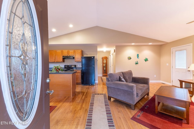 living room featuring vaulted ceiling and light hardwood / wood-style flooring