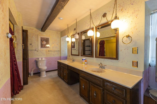 bathroom with vanity, beam ceiling, toilet, and concrete flooring