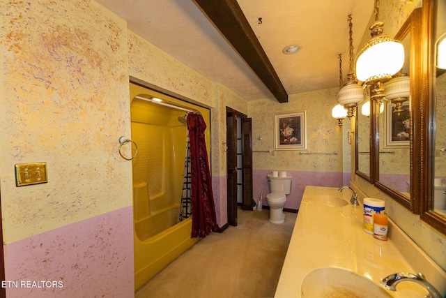 full bathroom with beamed ceiling, shower / bath combo, toilet, and vanity