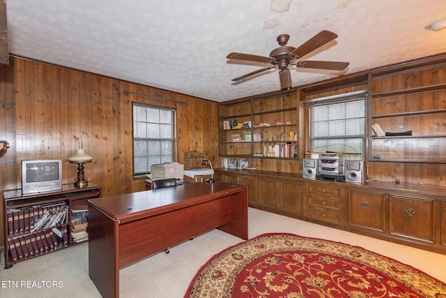 carpeted office featuring wood walls, a textured ceiling, and a wealth of natural light