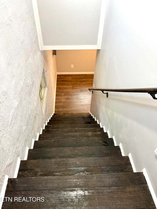 staircase with hardwood / wood-style floors