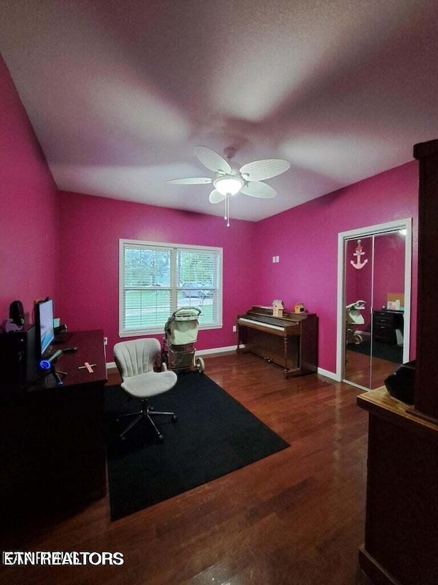 office space featuring ceiling fan and hardwood / wood-style floors