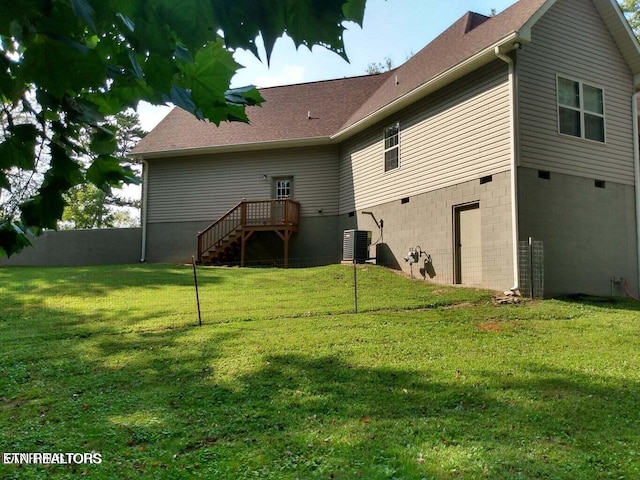 178 Woods Hill Rd, Helenwood, TN 37755 - rear view of house with stairs, central air condition unit, a wooden deck, and a shingled roof