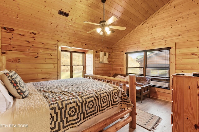 bedroom featuring multiple windows, wooden walls, dark hardwood / wood-style flooring, and wood ceiling