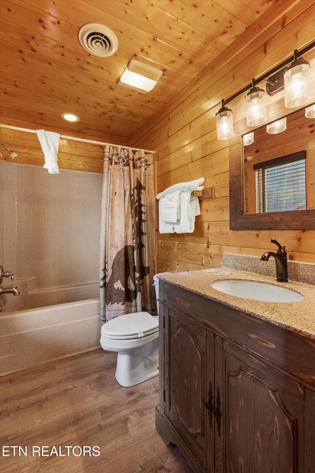 full bathroom featuring wooden ceiling, shower / bath combo, wood-type flooring, toilet, and wooden walls