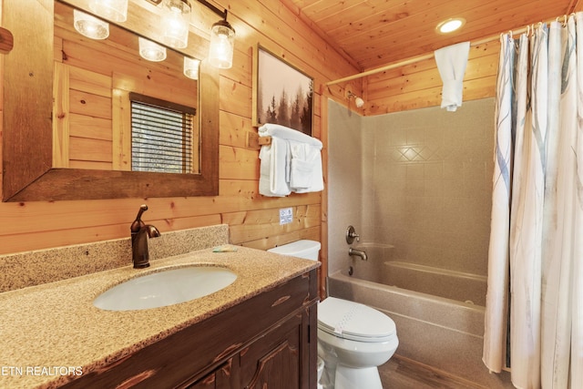 full bathroom featuring shower / bath combo, vanity, wooden ceiling, and wood walls