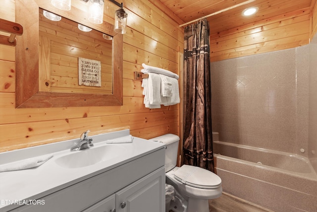 full bathroom with vanity, wood walls, hardwood / wood-style flooring, shower / bathtub combination with curtain, and wood ceiling