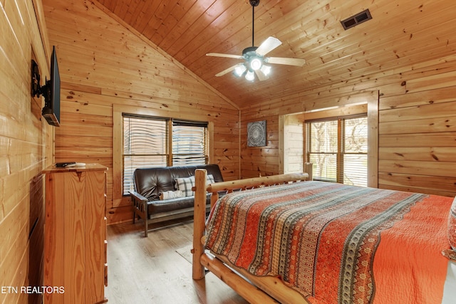 bedroom featuring ceiling fan, wooden ceiling, high vaulted ceiling, wood walls, and hardwood / wood-style flooring