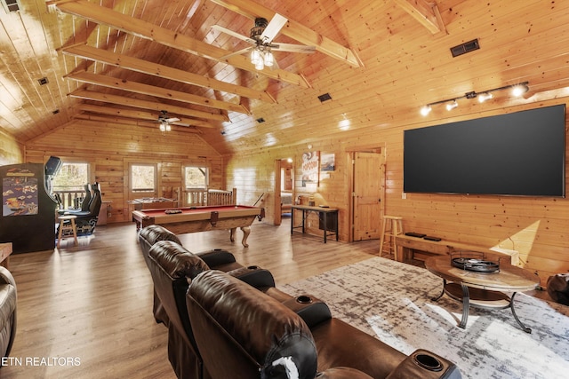 living room featuring vaulted ceiling with beams, wooden walls, wood ceiling, and hardwood / wood-style flooring