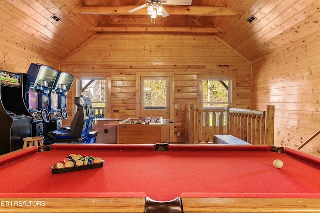 315 Caney Creek Rd, Pigeon Forge, TN 37863 - rec room with billiards table, wooden ceiling, wood walls, plenty of natural light, and a ceiling fan