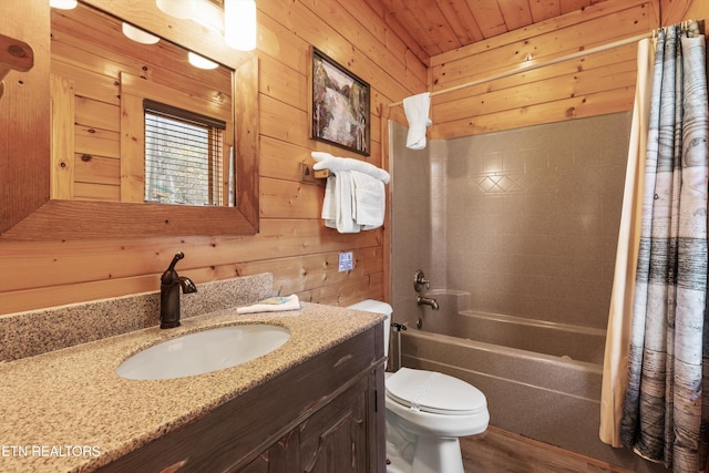 full bathroom with wooden ceiling, hardwood / wood-style floors, shower / bath combination with curtain, wooden walls, and vanity