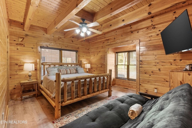 315 Caney Creek Rd, Pigeon Forge, TN 37863 - bedroom featuring beamed ceiling, wooden walls, wooden ceiling, and wood finished floors