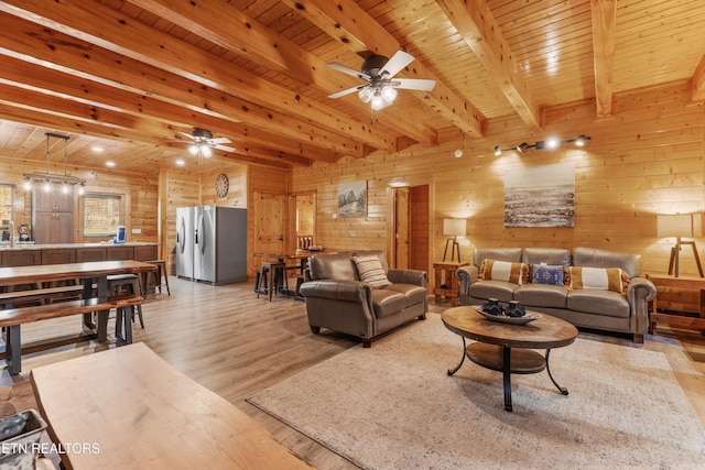 315 Caney Creek Rd, Pigeon Forge, TN 37863 - living room featuring a ceiling fan, light wood-style flooring, wooden walls, beamed ceiling, and wooden ceiling