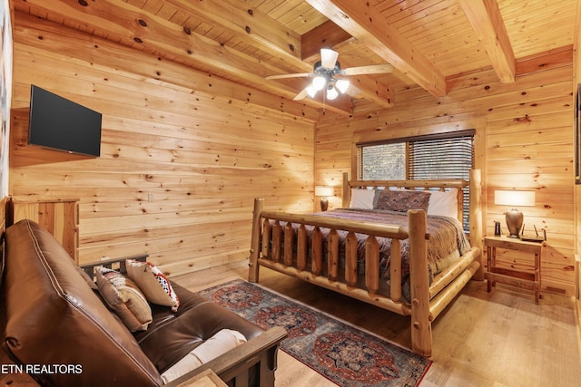 315 Caney Creek Rd, Pigeon Forge, TN 37863 - bedroom featuring wooden ceiling, wood walls, beamed ceiling, wood finished floors, and ceiling fan
