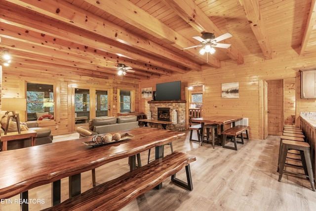 315 Caney Creek Rd, Pigeon Forge, TN 37863 - living area with ceiling fan, light wood finished floors, beam ceiling, wooden ceiling, and wooden walls