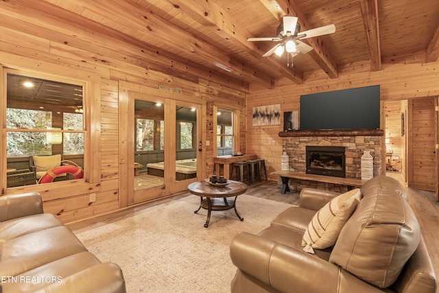 315 Caney Creek Rd, Pigeon Forge, TN 37863 - living area featuring healthy amount of natural light, wood walls, beam ceiling, wood finished floors, and wood ceiling