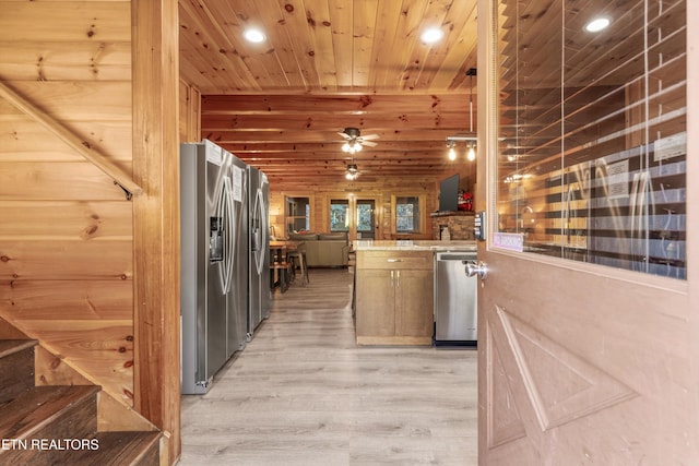 kitchen with ceiling fan, light hardwood / wood-style flooring, kitchen peninsula, wood ceiling, and appliances with stainless steel finishes