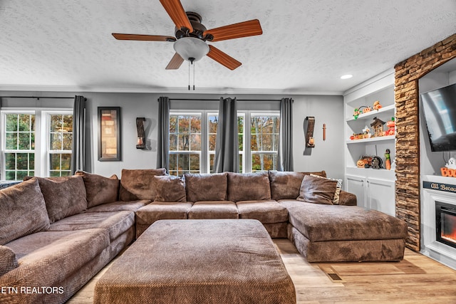 living room with a textured ceiling, light hardwood / wood-style floors, and a wealth of natural light