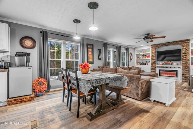 dining space featuring light hardwood / wood-style flooring, ceiling fan, a healthy amount of sunlight, and crown molding