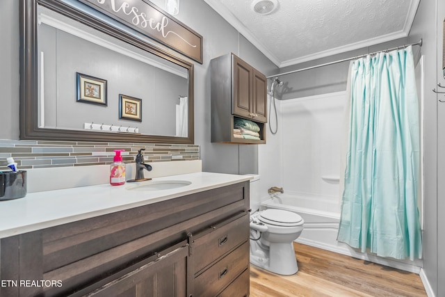 full bathroom with a textured ceiling, backsplash, shower / tub combo with curtain, and wood-type flooring