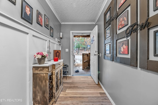 doorway with crown molding, light hardwood / wood-style flooring, and a textured ceiling