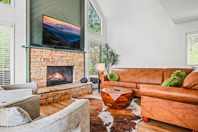 living room with a fireplace, hardwood / wood-style floors, and high vaulted ceiling