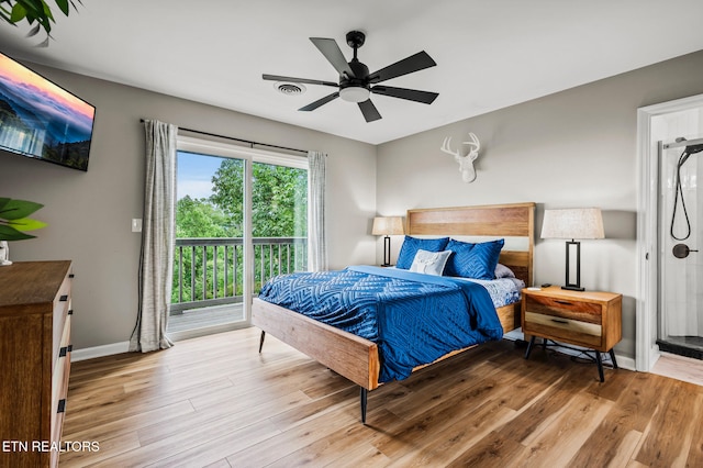 bedroom with ceiling fan, light hardwood / wood-style floors, and access to outside