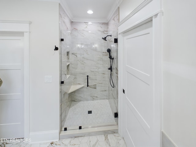 full bathroom with marble finish floor, a marble finish shower, ornamental molding, and recessed lighting