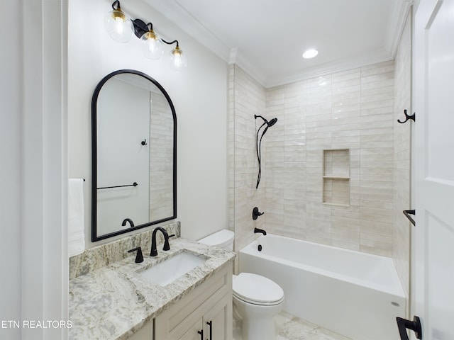 bathroom with shower / tub combination, vanity, toilet, and crown molding