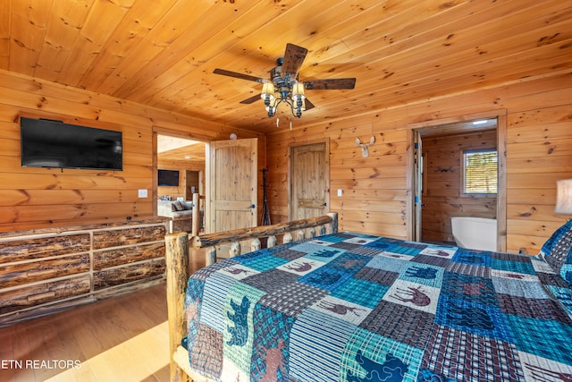 bedroom with wood ceiling, ceiling fan, wood-type flooring, connected bathroom, and wood walls