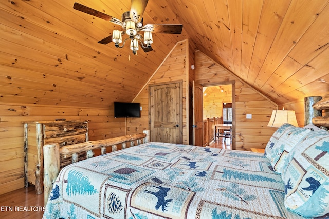 bedroom featuring wood-type flooring, vaulted ceiling, wooden ceiling, and wood walls