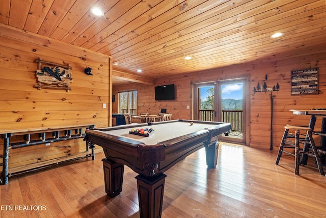 playroom featuring wooden walls, wooden ceiling, light hardwood / wood-style floors, and pool table