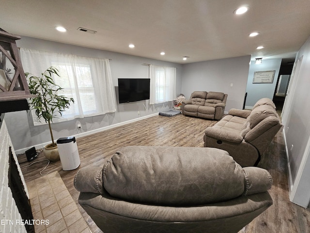 living room with wood-type flooring and a healthy amount of sunlight