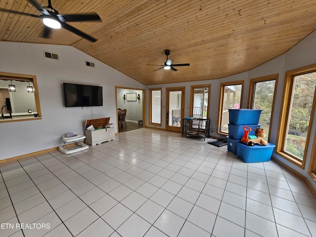 interior space featuring ceiling fan, lofted ceiling, and wood ceiling