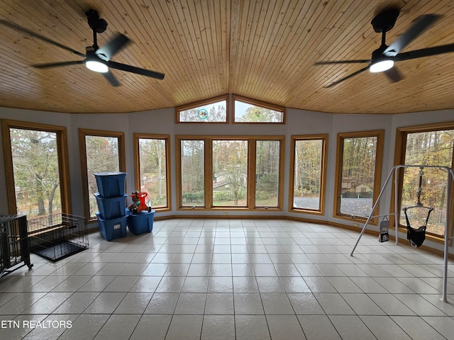 unfurnished sunroom with ceiling fan, wood ceiling, and vaulted ceiling