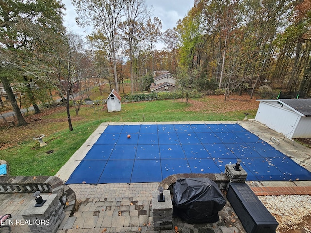 view of swimming pool with a yard, a shed, and a patio area