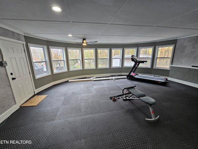 workout area featuring ceiling fan and carpet floors