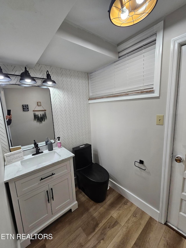 bathroom with vanity, hardwood / wood-style flooring, and toilet