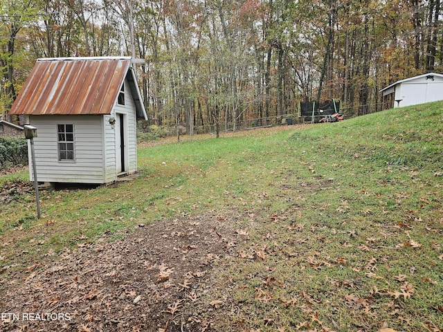 view of yard with a shed and a trampoline