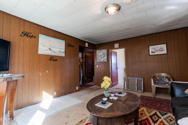 living room with wood walls