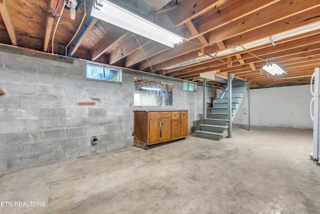 basement featuring white fridge