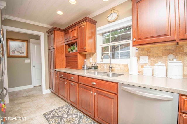 kitchen featuring ornamental molding, light countertops, dishwasher, and a sink